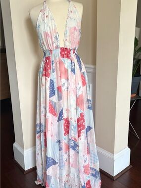 LoveShackFancy Patchwork Maxi Dress in Red, Pink, Blue, White